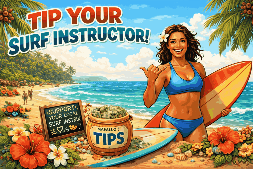 Illustration encouraging tipping surf instructors in Hawaii