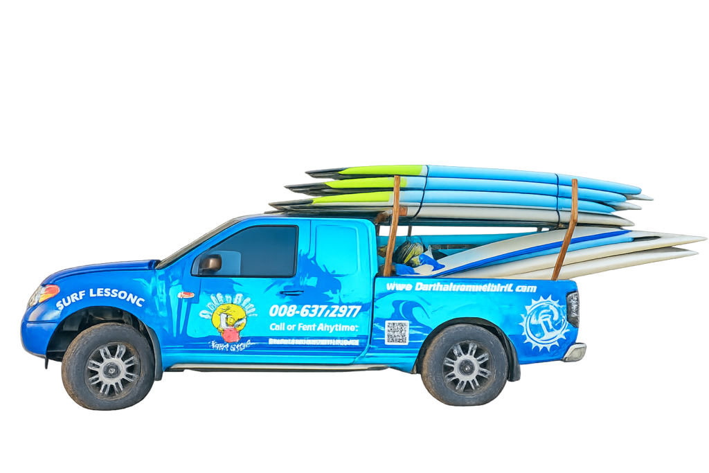 North Shore Surf Girls surf school truck loaded with surfboards on Oʻahu’s North Shore.