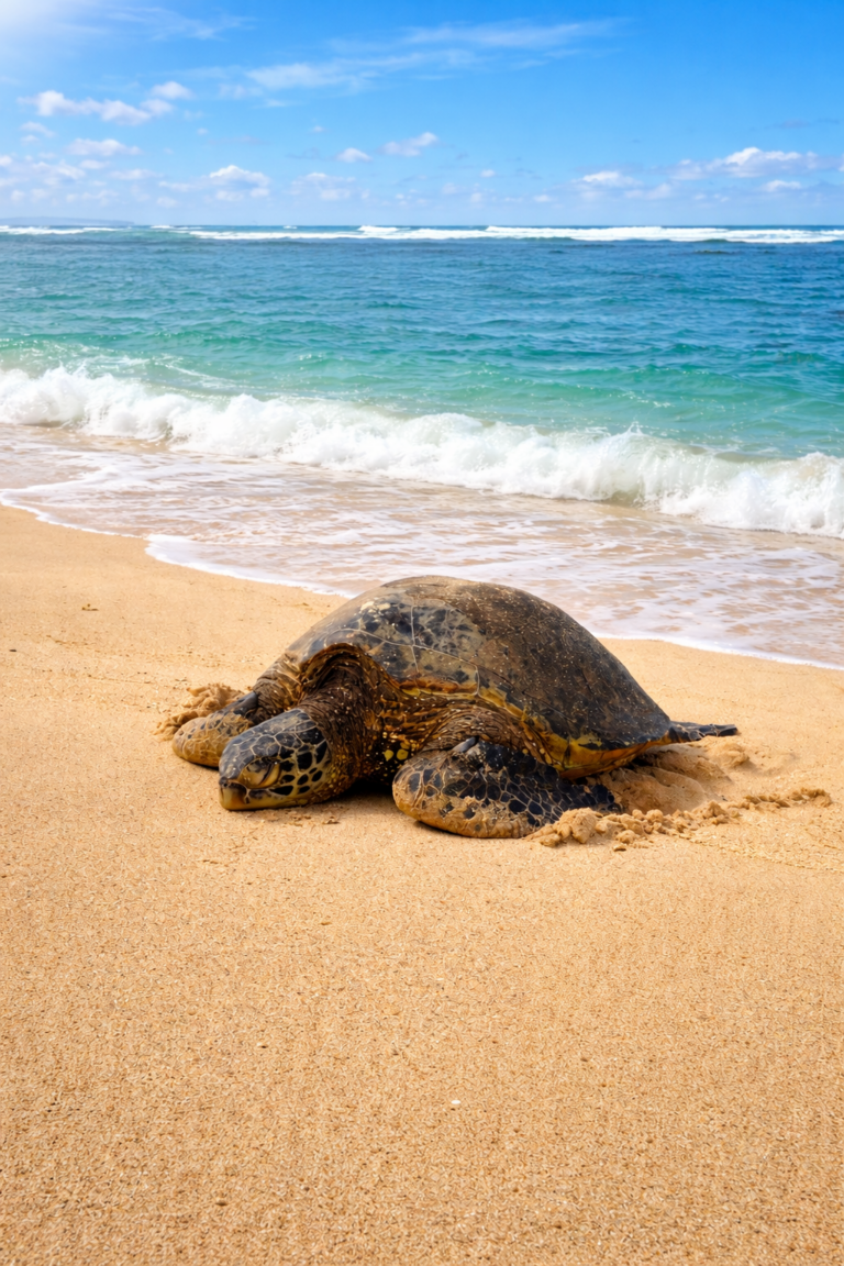 Green Hawaiian Sea Turtle on the Beach