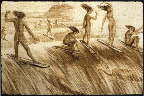 Early drawings of Hawaiian surfers;